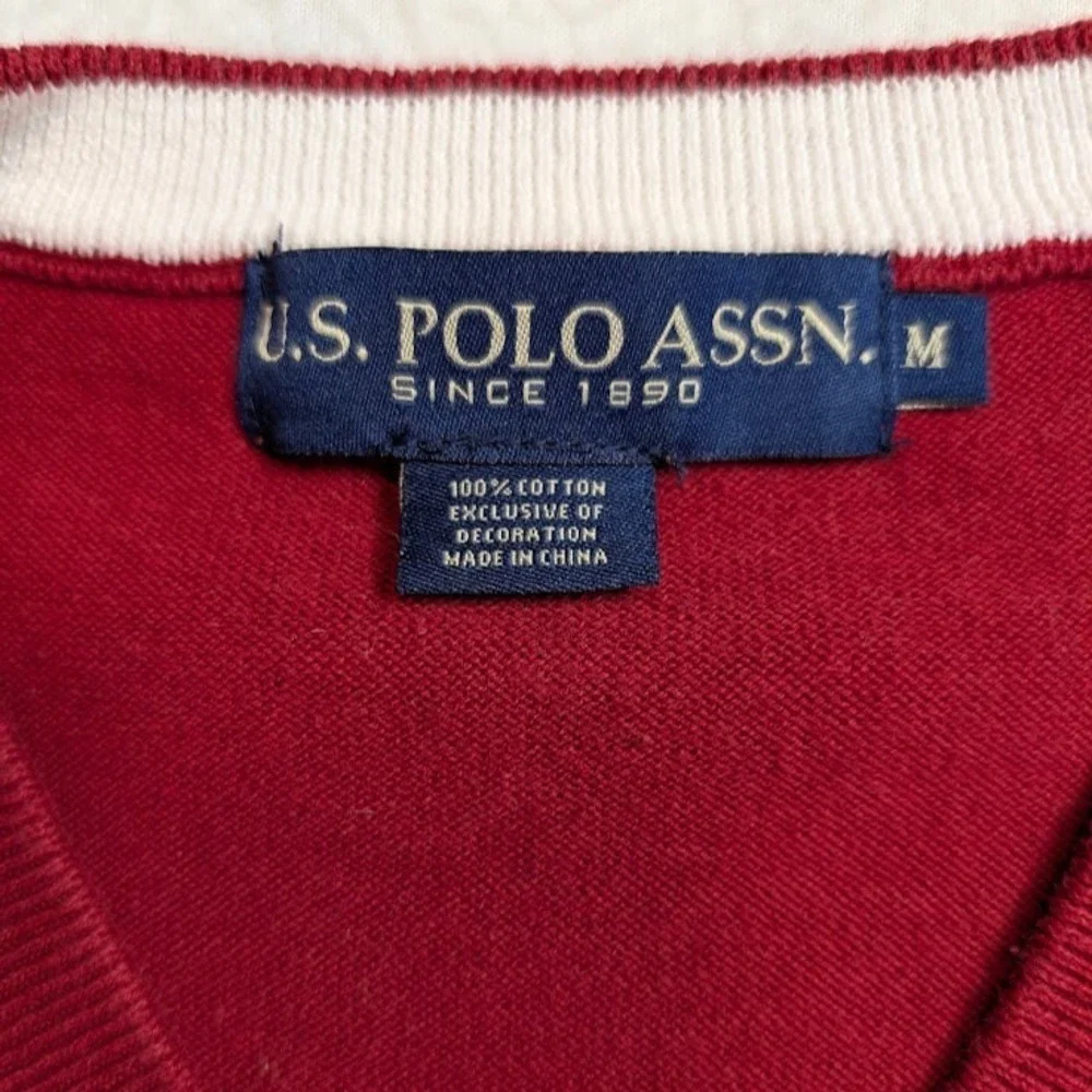 US Polo Assn Argyle Sweater Vest Mens M Burgundy V-Neck 100% Cotton 39